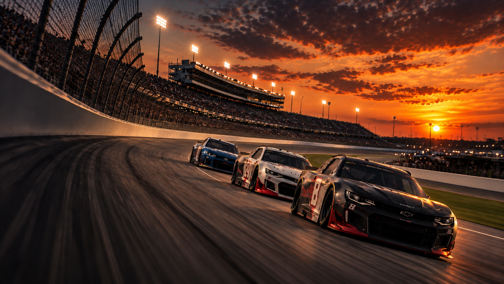 Racing cars on a sunset speedway